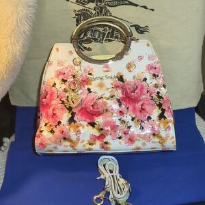 Floral Patent Tote Bag with Gold Ring Handles - Pink Floral Leather Trendy EUC